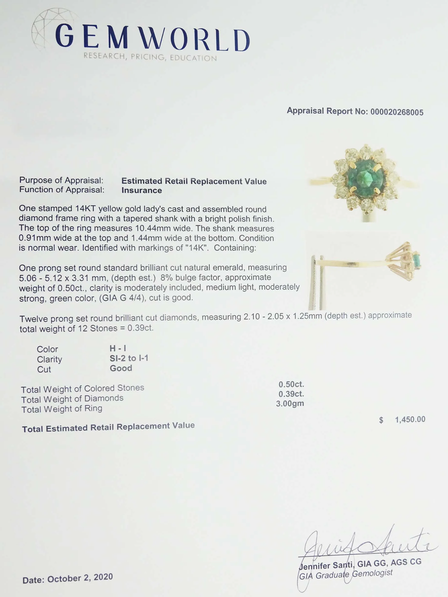 0.89ct tw Round Natural Emerald & Diamond Halo Ring 14k Gold Size 7
