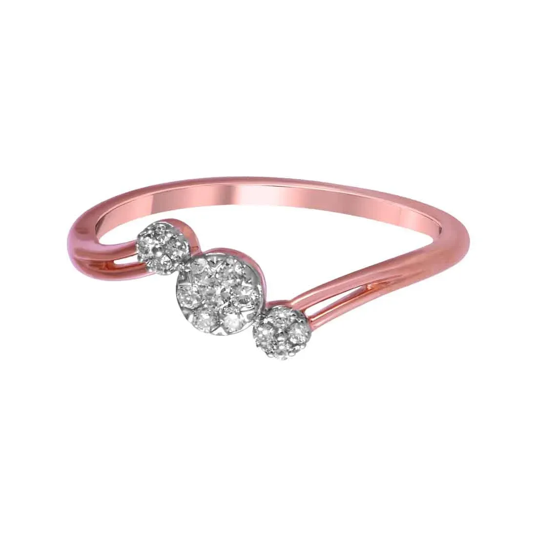 14K Rose Gold Ring With V-shaped Design And Three Circular Diamond Clusters Set Along The Curve