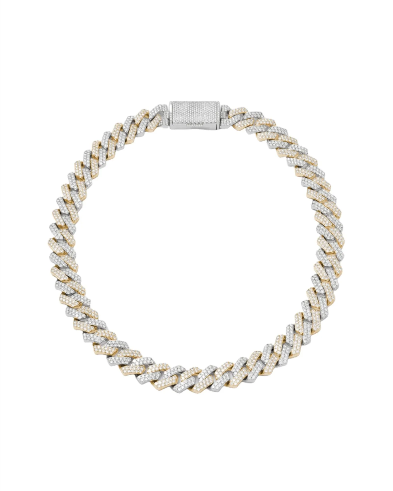 14mm Prong Pav 18K Yellow Gold & Rhodium coated Silver Necklace w. Moissanite