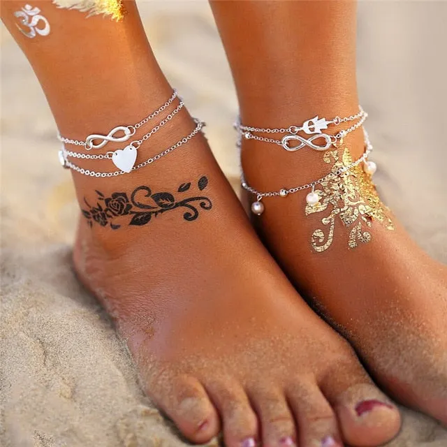 17KM Bohemian Starfish Stone Anklets Set For Women Vintage Handmade Wave Anklet Bracelet on Leg Beach Ocean Jewelry 2018