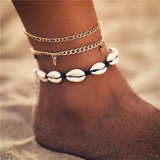 17KM Bohemian Starfish Stone Anklets Set For Women Vintage Handmade Wave Anklet Bracelet on Leg Beach Ocean Jewelry 2018