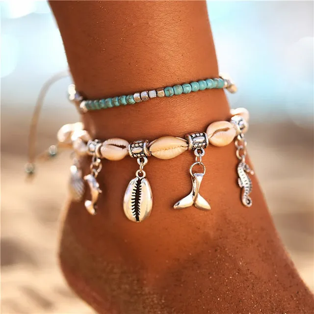 17KM Bohemian Starfish Stone Anklets Set For Women Vintage Handmade Wave Anklet Bracelet on Leg Beach Ocean Jewelry 2018