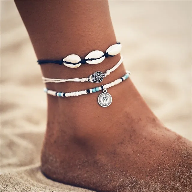 17KM Bohemian Starfish Stone Anklets Set For Women Vintage Handmade Wave Anklet Bracelet on Leg Beach Ocean Jewelry 2018