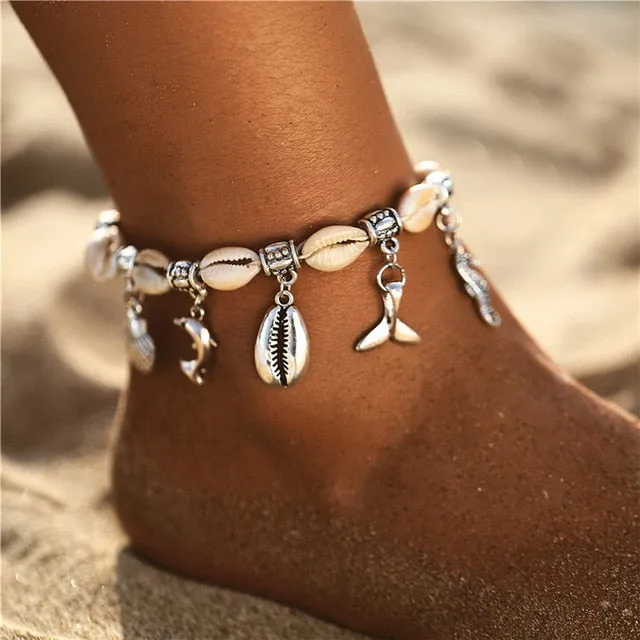 17KM Bohemian Starfish Stone Anklets Set For Women Vintage Handmade Wave Anklet Bracelet on Leg Beach Ocean Jewelry 2018