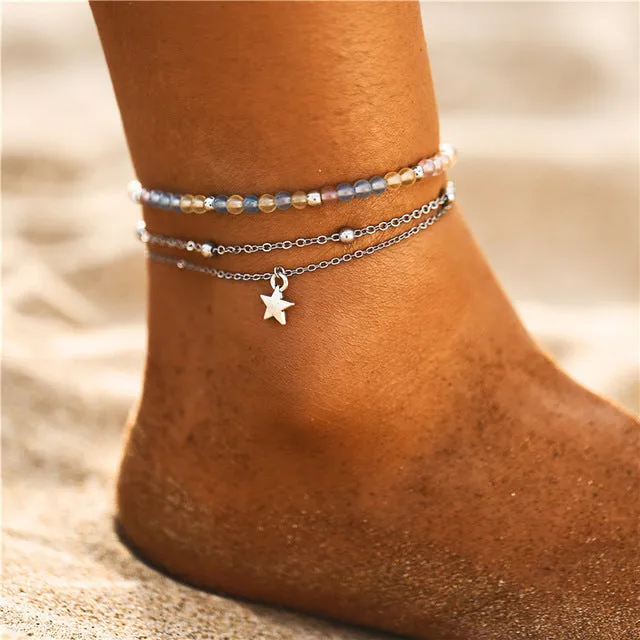 17KM Bohemian Starfish Stone Anklets Set For Women Vintage Handmade Wave Anklet Bracelet on Leg Beach Ocean Jewelry 2018
