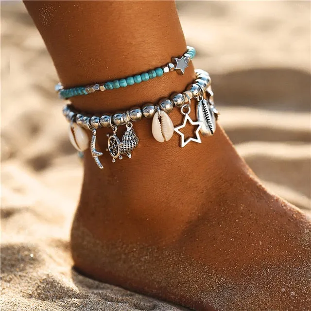 17KM Bohemian Starfish Stone Anklets Set For Women Vintage Handmade Wave Anklet Bracelet on Leg Beach Ocean Jewelry 2018