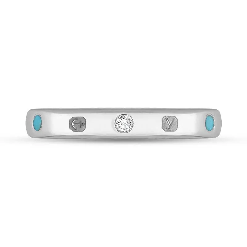 18ct White Gold 0.06ct Diamond Turquoise King's Coronation Hallmark 3mm Ring D