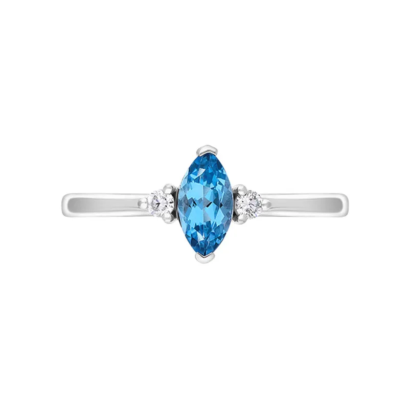 18ct White Gold Blue Topaz Diamond Marquise Three Stone Ring