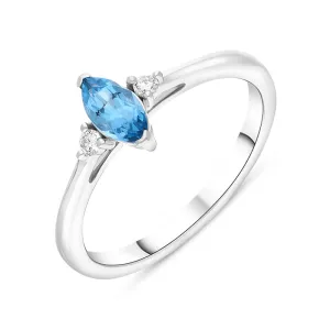 18ct White Gold Blue Topaz Diamond Marquise Three Stone Ring