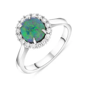 18ct White Gold Opal Diamond Oval Cluster Ring