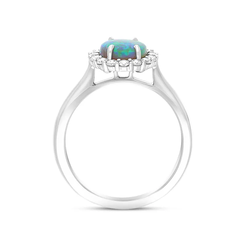 18ct White Gold Opal Diamond Oval Cluster Ring