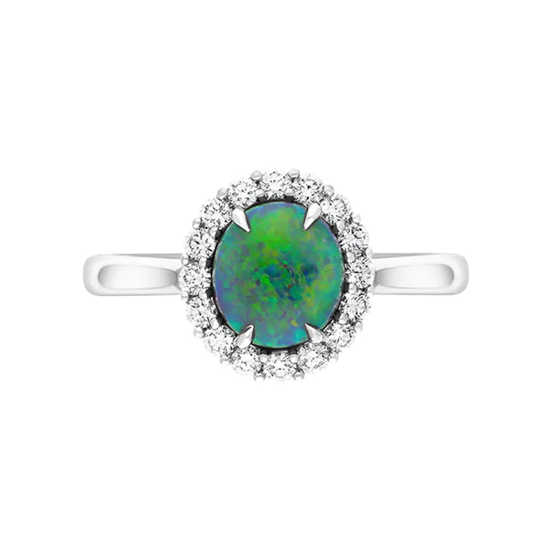 18ct White Gold Opal Diamond Oval Cluster Ring