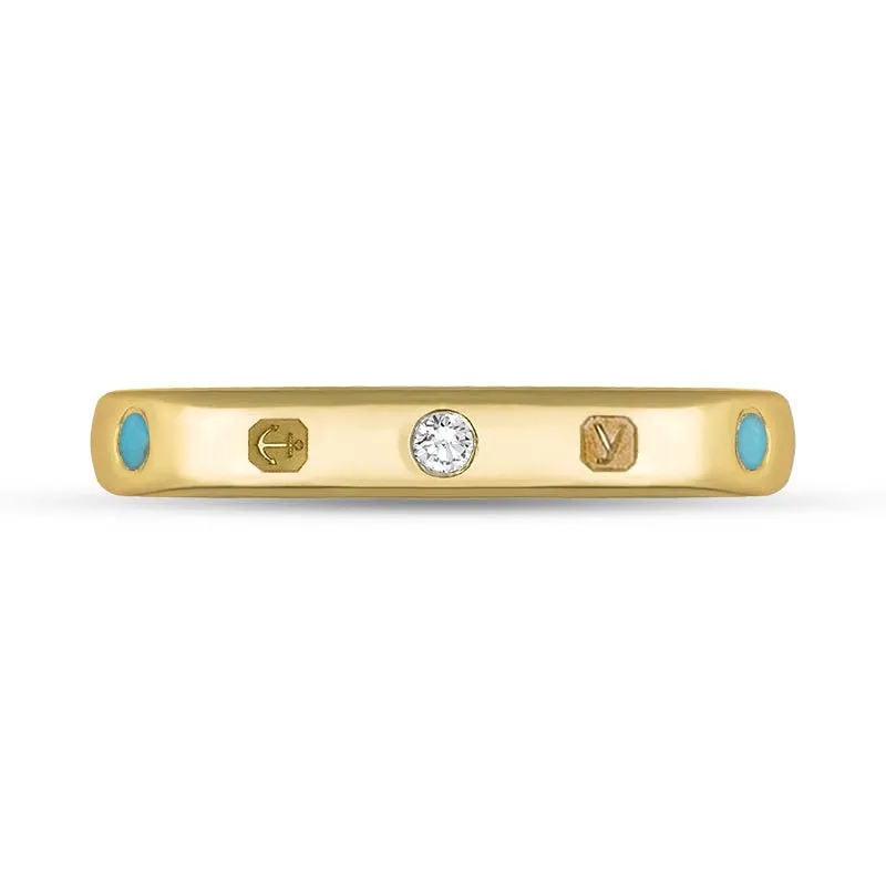 18ct Yellow Gold 0.06ct Diamond Turquoise King's Coronation Hallmark 3mm Ring D