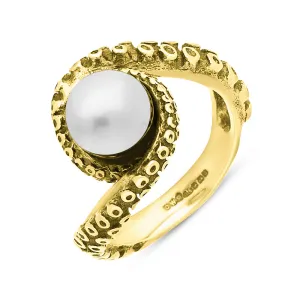 18ct Yellow Gold Freshwater Pearl Bead Twist Tentacle Ring