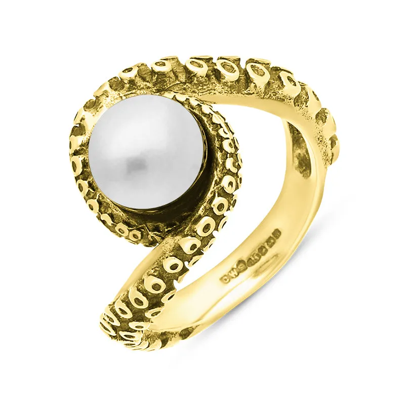 18ct Yellow Gold Freshwater Pearl Bead Twist Tentacle Ring