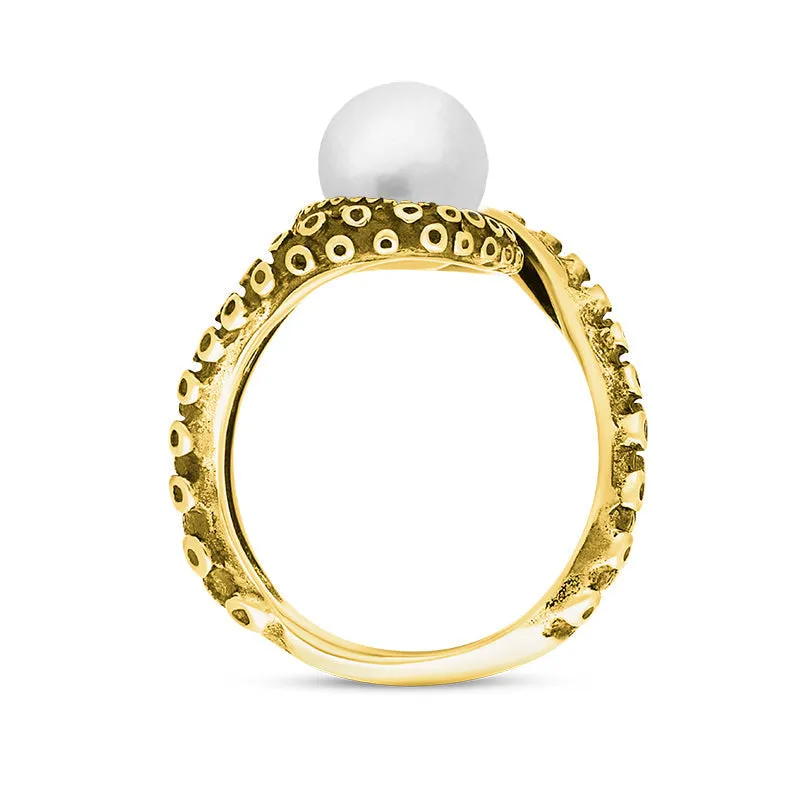18ct Yellow Gold Freshwater Pearl Bead Twist Tentacle Ring