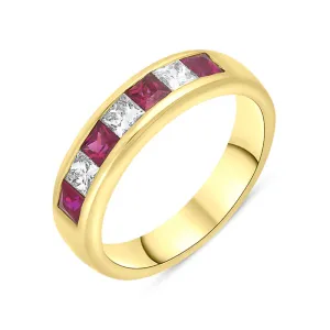 18ct Yellow Gold Ruby Diamond Seven Stone Princess Cut Channel Set Ring