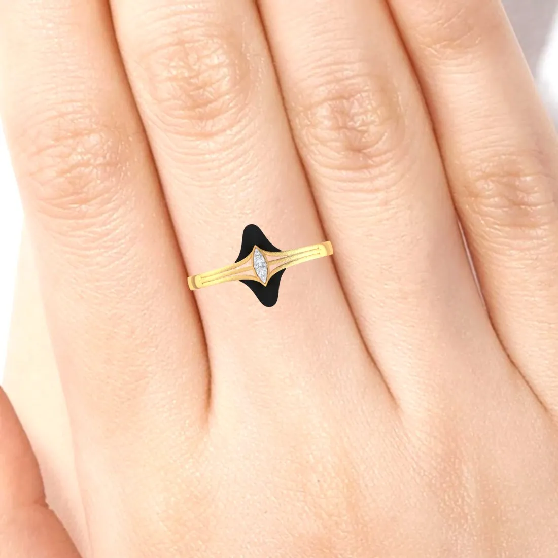 18K Diamond Ring With A Central Marquise-cut Diamond And Black Meena