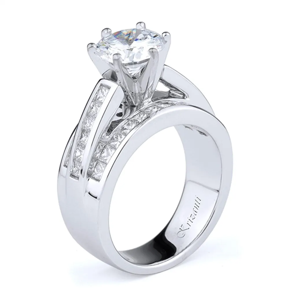 18K White Gold Wide Band Three Row Round Diamond Engagement Ring