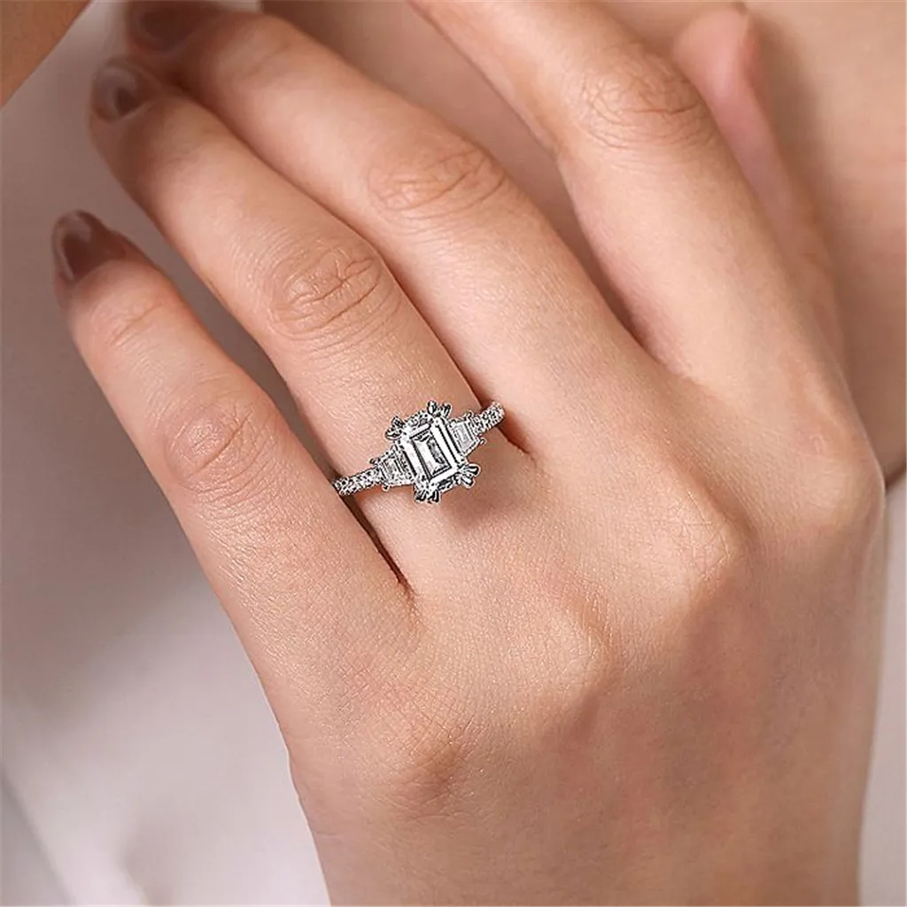 18K White Gold 'Willow' Three Stone Emerald Cut Diamond Engagement Ring