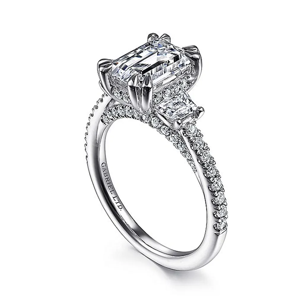 18K White Gold 'Willow' Three Stone Emerald Cut Diamond Engagement Ring