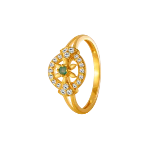 22KT Yellow Gold, American Diamond And Emerald Ring For Women
