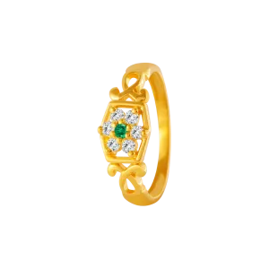 22KT Yellow Gold, American Diamond And Emerald Ring For Women
