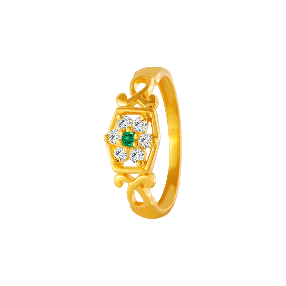 22KT Yellow Gold, American Diamond And Emerald Ring For Women