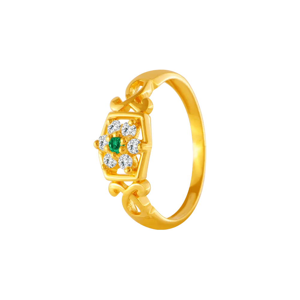 22KT Yellow Gold, American Diamond And Emerald Ring For Women