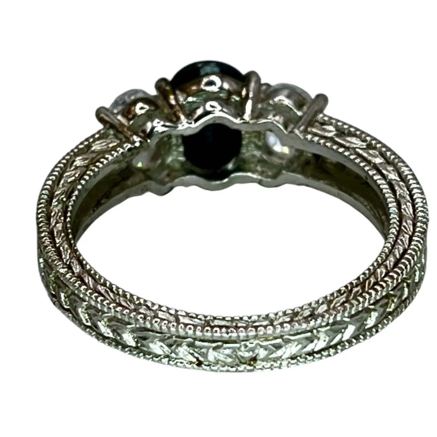 3-Stone Oval Sapphire & CZ Silver Tone Ring Size 8.25