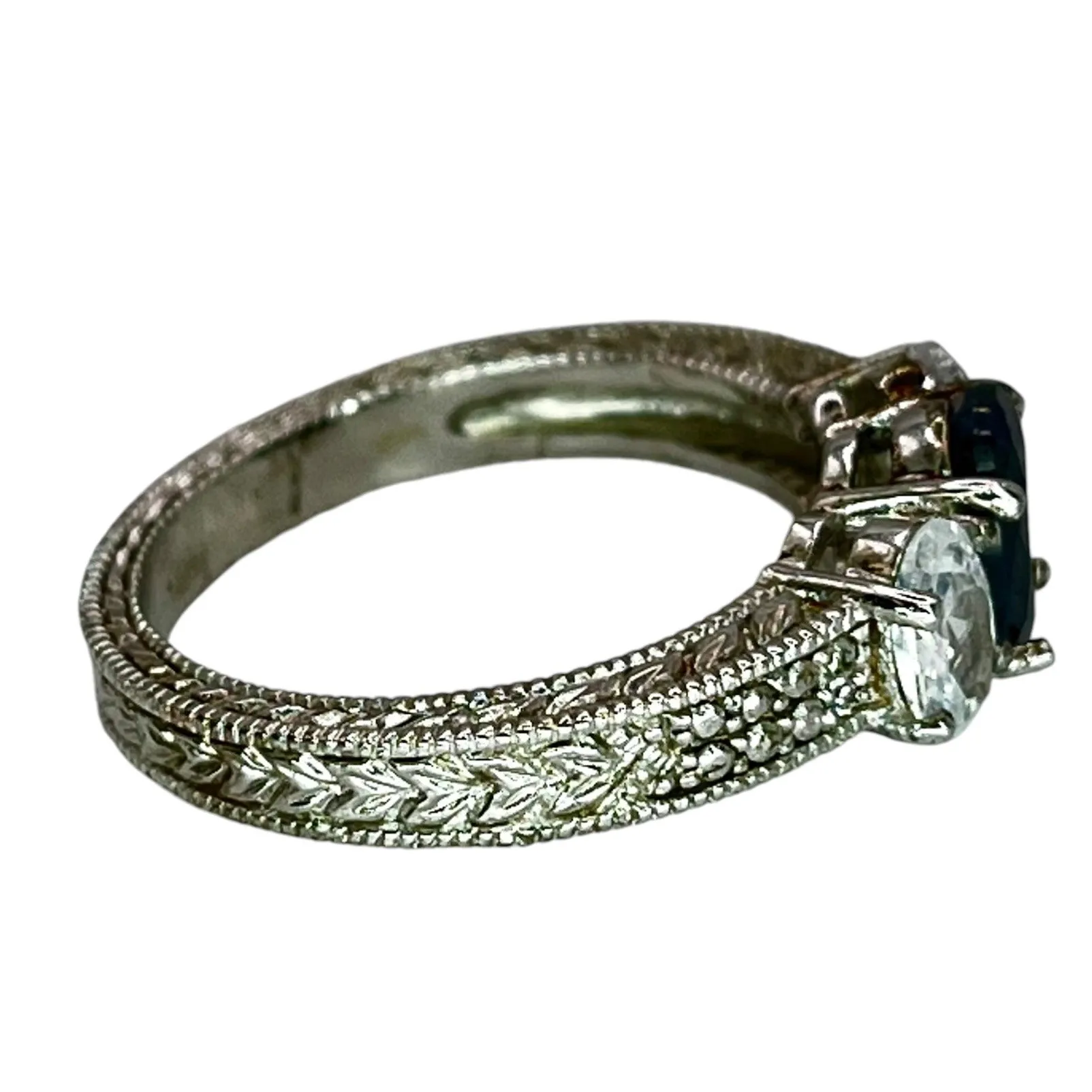 3-Stone Oval Sapphire & CZ Silver Tone Ring Size 8.25