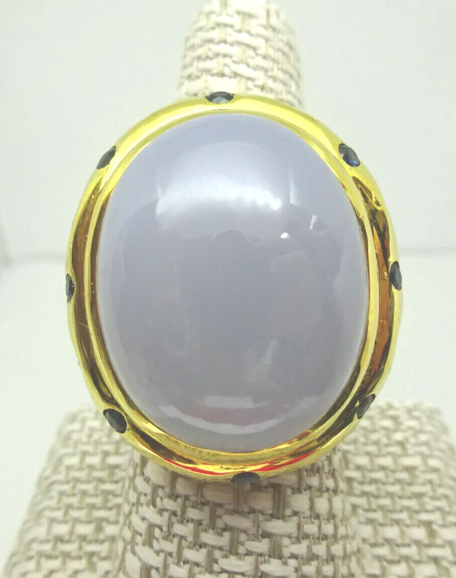 30ct tw Blue Chalcedony & Sapphire 18K Over Sterling Ring,Vermeil,20 grams,Sz.8