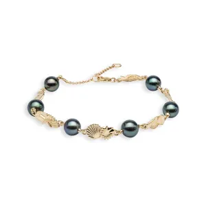 7-9" Adjustable Seashells Tahitian Black Pearl Bracelet in Gold