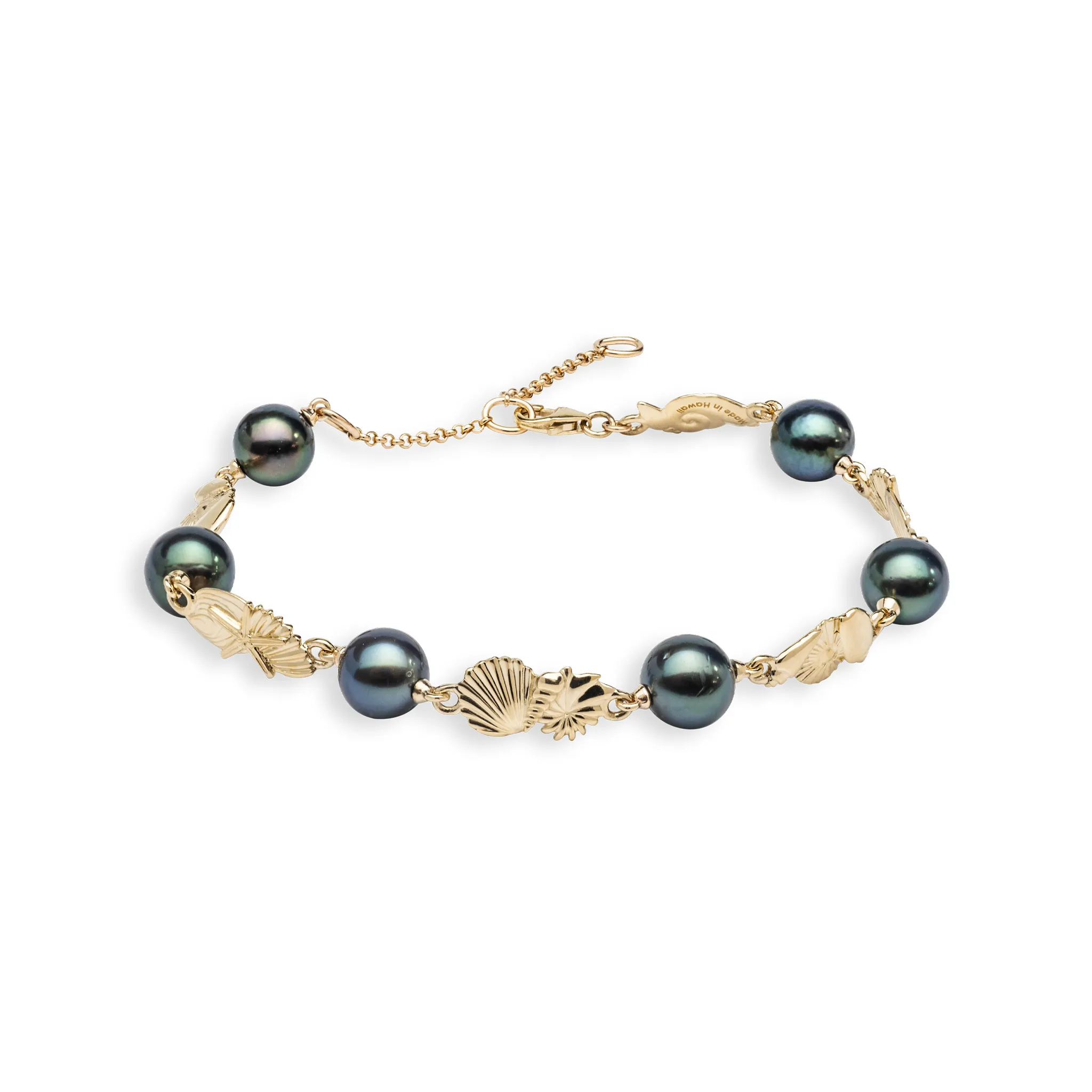 7-9" Adjustable Seashells Tahitian Black Pearl Bracelet in Gold