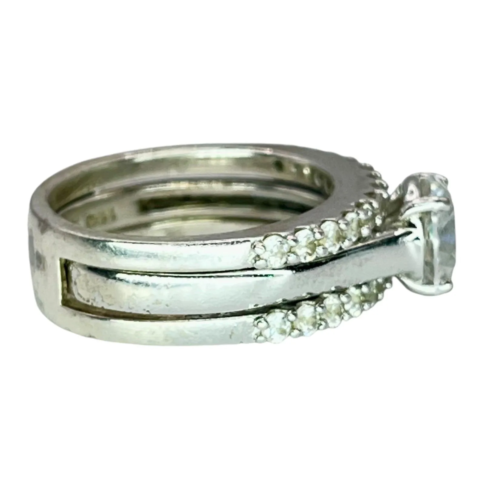 925 Silver Round Cut CZ Ring Size 6.75 Engagement Wedding Illusion Three Band