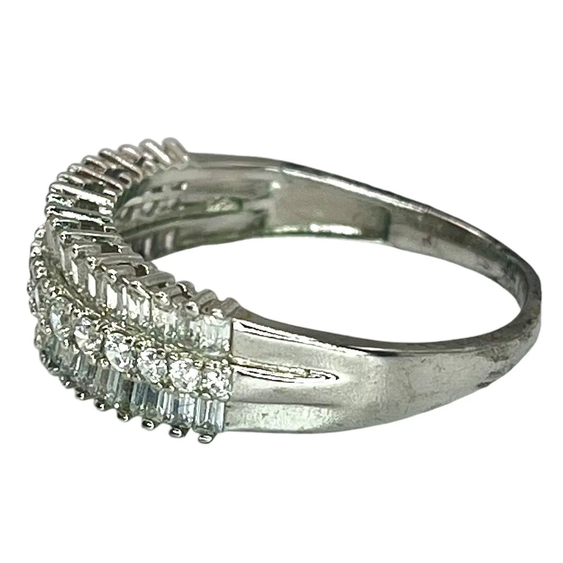 925 Sterling Silver Baguette and Round Cut Cubic Zirconia Ring Size 8.75 Band