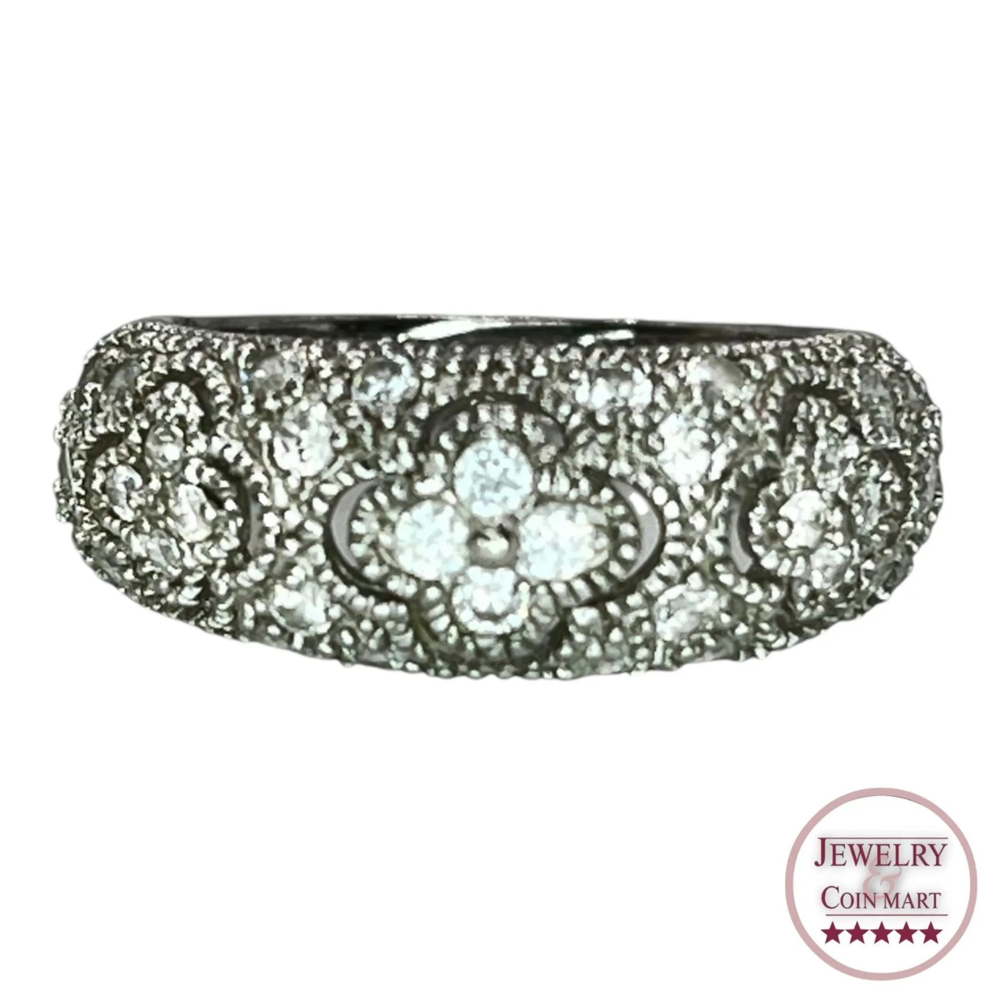 925 Sterling Silver Flower Filigree Cubic Zirconia Ring Size 6.25 Band Floral