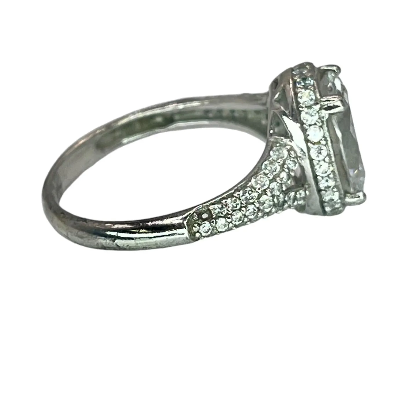 925 Sterling Silver Oval Cut Halo CZ Ring Size 7 Prong Set Engagement Bridal