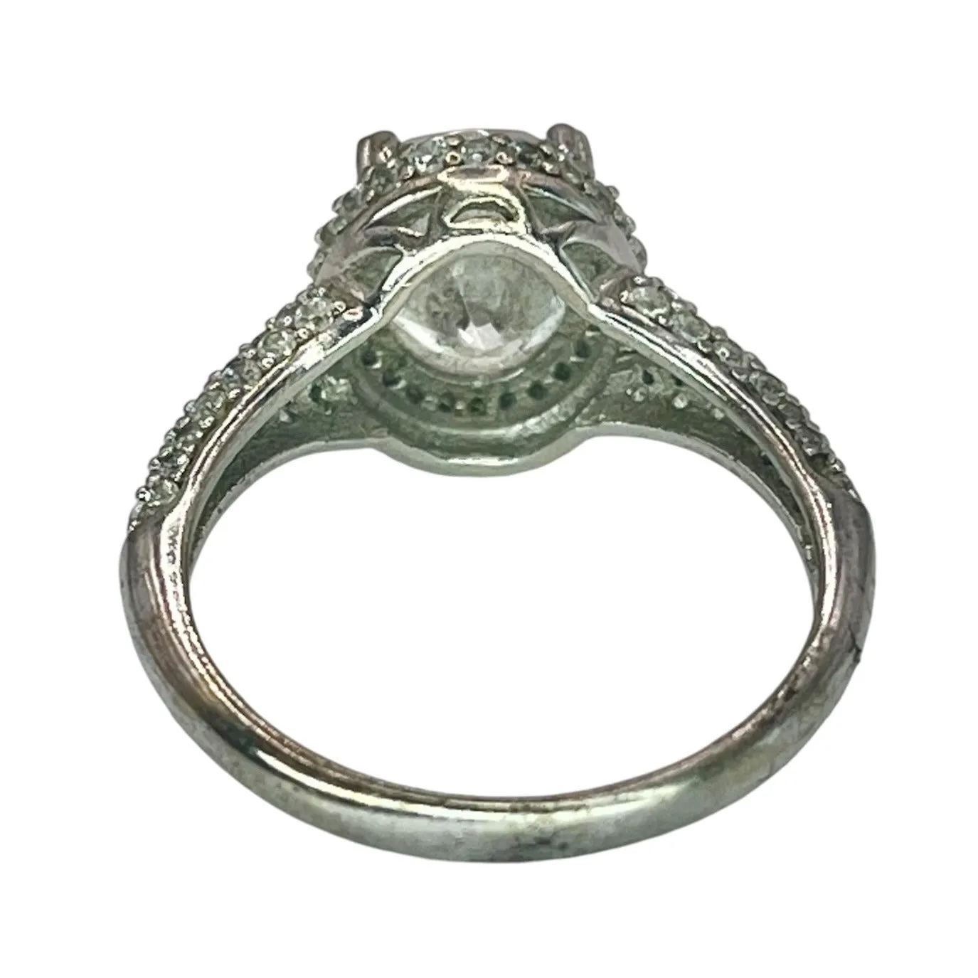 925 Sterling Silver Oval Cut Halo CZ Ring Size 7 Prong Set Engagement Bridal
