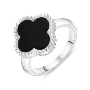 9ct White Gold Whitby Jet Bloom Four Leaf Clover Ball Edge Ring