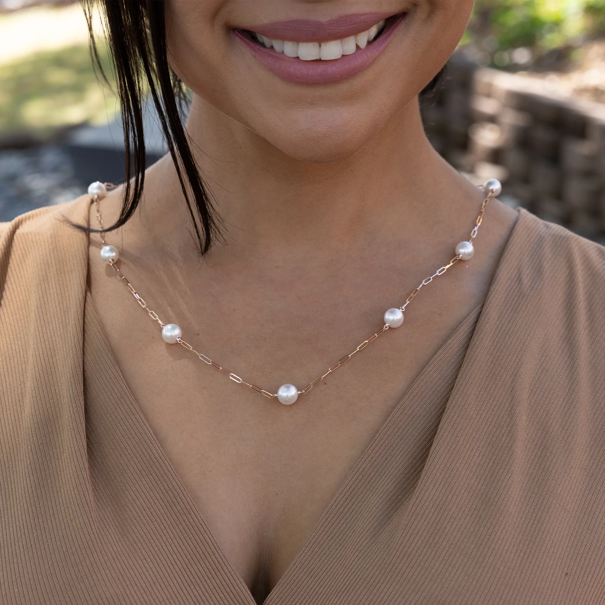 Adjustable 24" Akoya White Pearl Paperclip Chain Necklace in Rose Gold