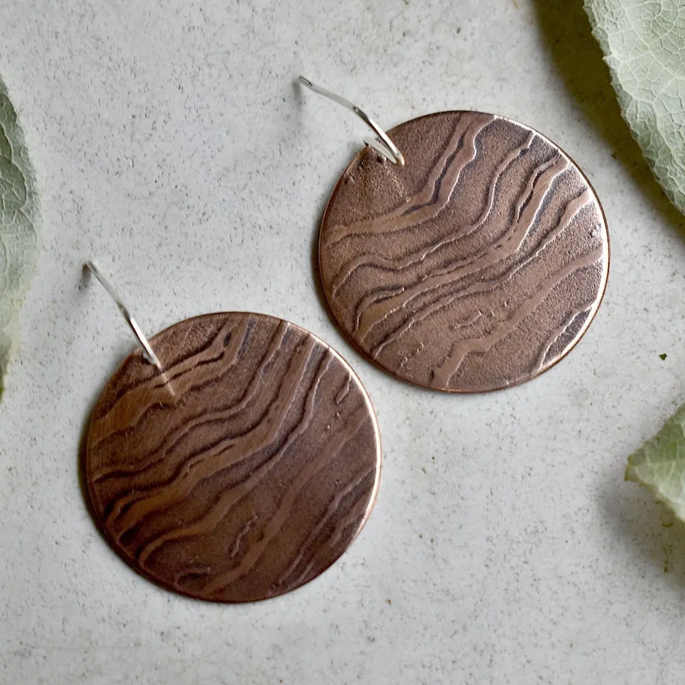 Agate Pattern Large Copper Disc Drop Earrings