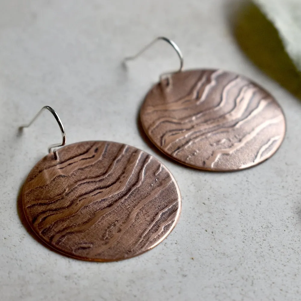 Agate Pattern Large Copper Disc Drop Earrings