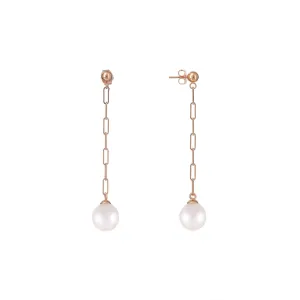 Akoya White Pearl Paperclip Chain Earrings in Rose Gold - 8mm