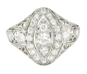 ART DECO 0.72 CTW OLD EUROPEAN CUT DIAMOND PLATINUM FOLIATE FILIGREE NAVETTE DINNER RING