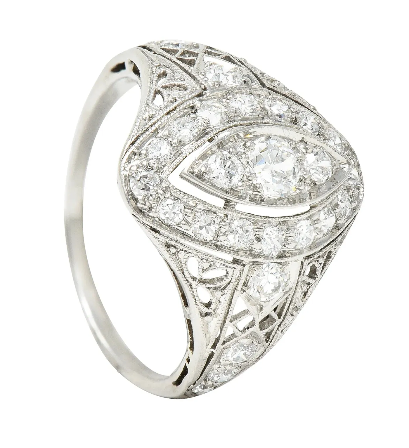 ART DECO 0.72 CTW OLD EUROPEAN CUT DIAMOND PLATINUM FOLIATE FILIGREE NAVETTE DINNER RING