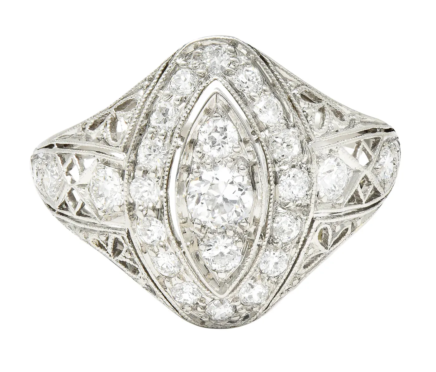 ART DECO 0.72 CTW OLD EUROPEAN CUT DIAMOND PLATINUM FOLIATE FILIGREE NAVETTE DINNER RING