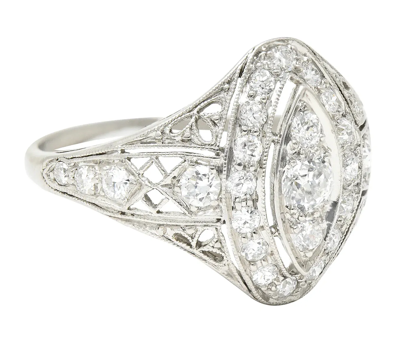 ART DECO 0.72 CTW OLD EUROPEAN CUT DIAMOND PLATINUM FOLIATE FILIGREE NAVETTE DINNER RING