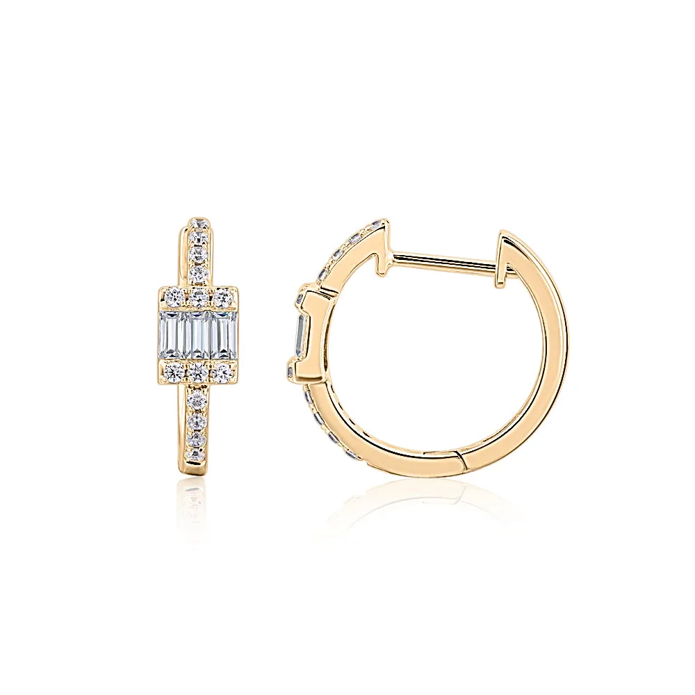 Baguette and Round Brilliant fancy earrings with 0.55 carats* of diamond simulants in 10 carat yellow gold