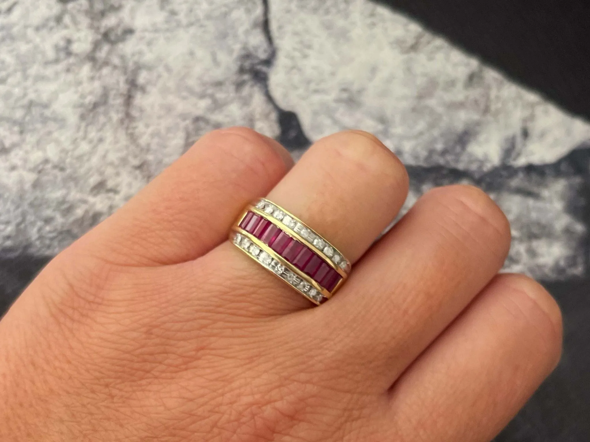 Baguette Ruby and Diamond Border Triple Row Wide Band Ring in 14k Yellow Gold